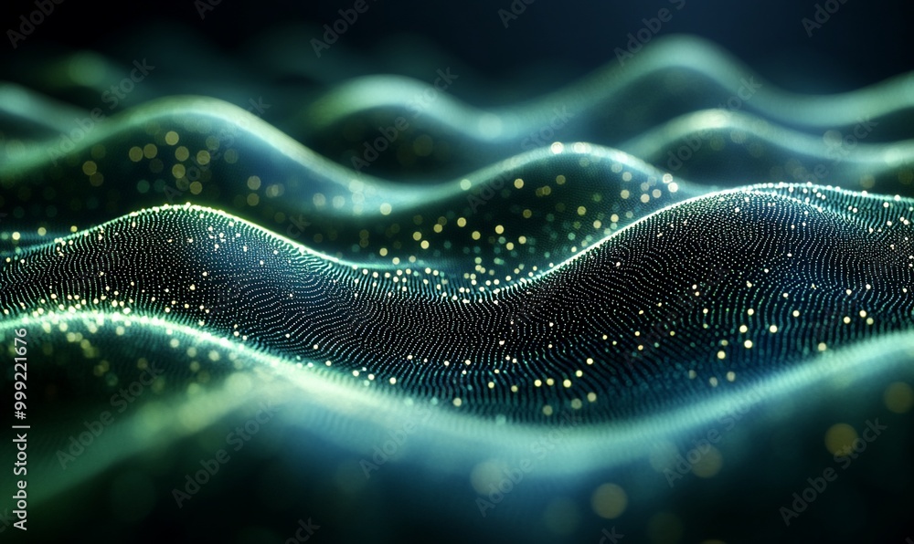 Abstract wave of glowing particles with a blue and green gradient. Abstract wave of glowing particles with a blue and green gradient.