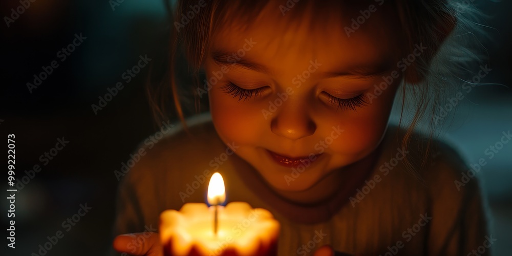 A detailed shot shows a child's face illuminated by candlelight as they make a birthday wish, eyes closed in hopeful anticipation A detailed shot shows a child's face illuminated by candlelight as they make a birthday wish, eyes closed in hopeful anticipation