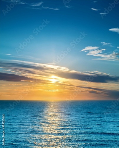 Image of sky blue and light-yellow texture of an ocean sunset seascape created with Generative AI