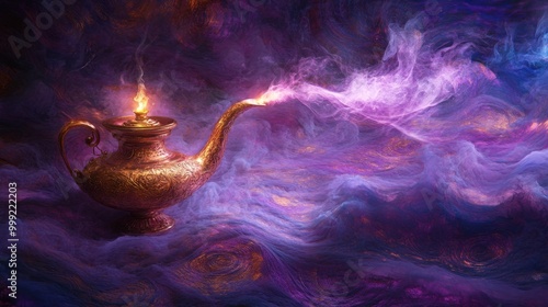 Enchanted genie lamp with swirls of purple mist, capturing the essence of Arabian nights in a magical, abstract setting photo