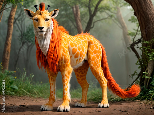 A majestic mythical creature named Leorix, featuring the strong face of a lion with a thick flowing mane, the long neck and slender legs of a giraffe, and a thick, soft fox-like tail - generated by ai photo