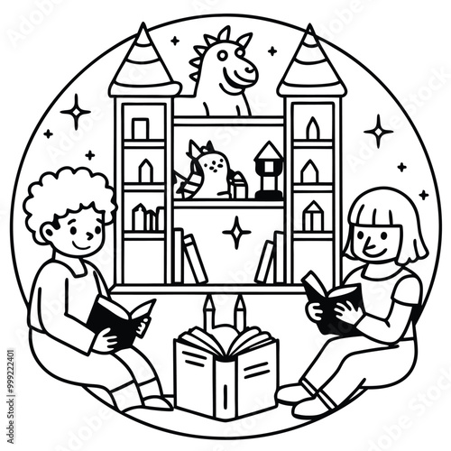 Two children sit in a cozy library corner, surrounded by bookshelves filled with books and toys. They are both reading books and appear to be enjoying themselves