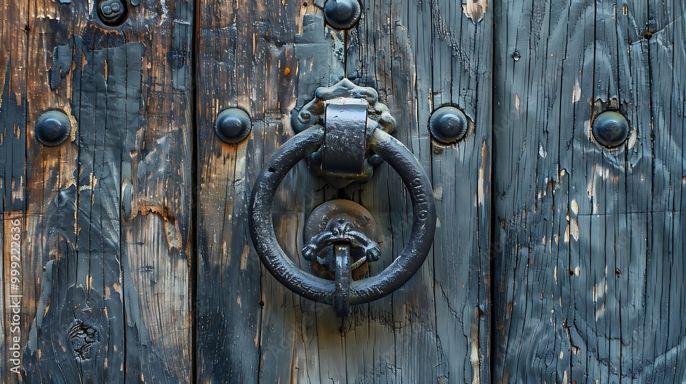 Old wooden door with rusty knocker in the shape of a circle