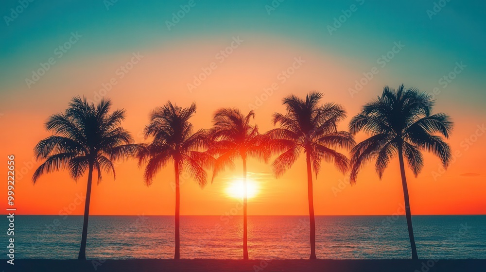 Beach holiday sunset with silhouettes of palm trees against an orange sky, peaceful atmosphere, wide shot, vibrant colors Beach holiday sunset with silhouettes of palm trees against an orange sky, peaceful atmosphere, wide shot, vibrant colors