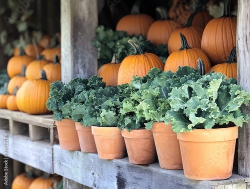 Pumpkins and Potted Kale Displayed at a Farm Stand photo