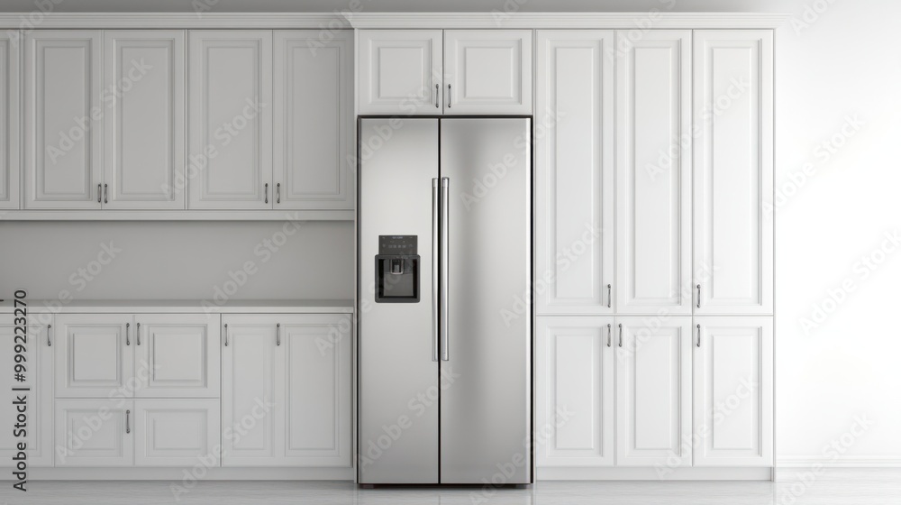 A built-in refrigerator flush with kitchen cabinets, isolated on a white background A built-in refrigerator flush with kitchen cabinets, isolated on a white background