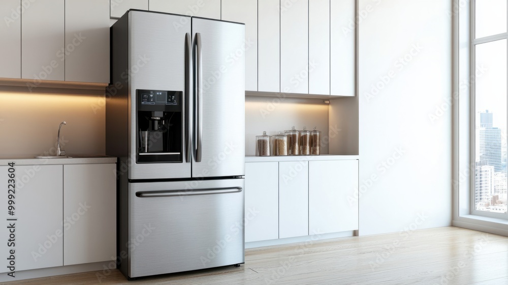 A double-door refrigerator with a built-in coffee maker, isolated on a white background A double-door refrigerator with a built-in coffee maker, isolated on a white background