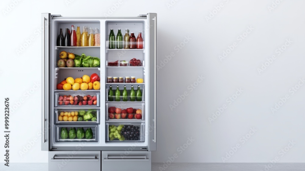A double-door refrigerator with transparent shelves, isolated on a white background A double-door refrigerator with transparent shelves, isolated on a white background