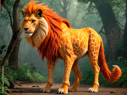 A majestic mythical creature named Leorix, featuring the strong face of a lion with a thick flowing mane, the long neck and slender legs of a giraffe, and a thick, soft fox-like tail - generated by ai photo