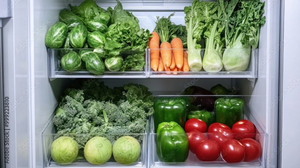 A fridge with a crisper drawer full of vegetables, isolated on a white background A fridge with a crisper drawer full of vegetables, isolated on a white background