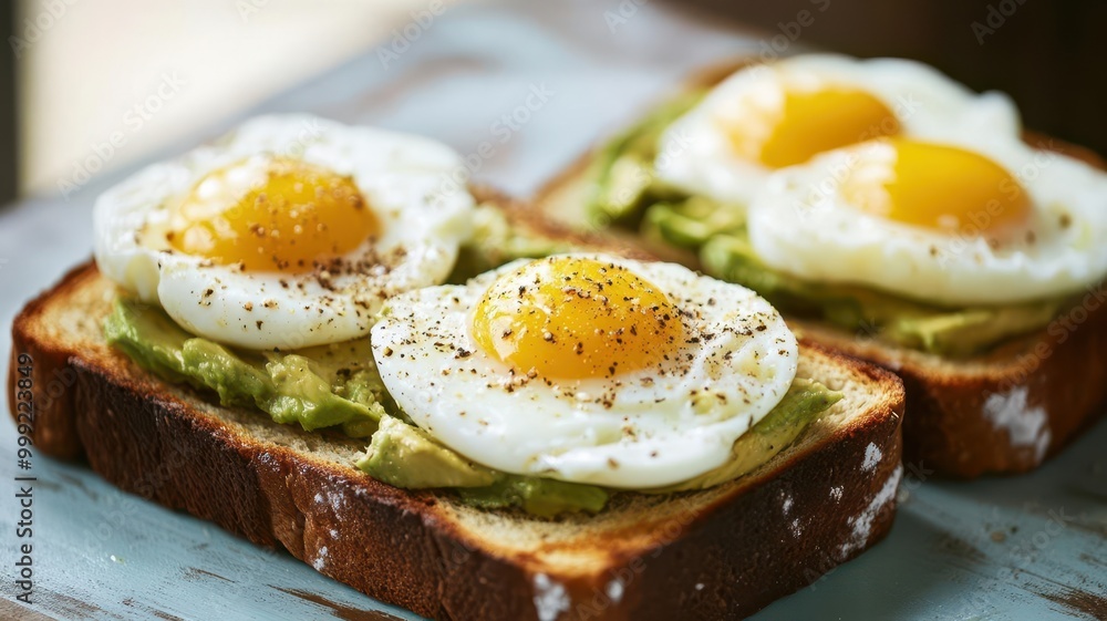 Balanced meal of avocado toast and eggs, ready to be eaten after the intermittent fasting window closes Balanced meal of avocado toast and eggs, ready to be eaten after the intermittent fasting window closes