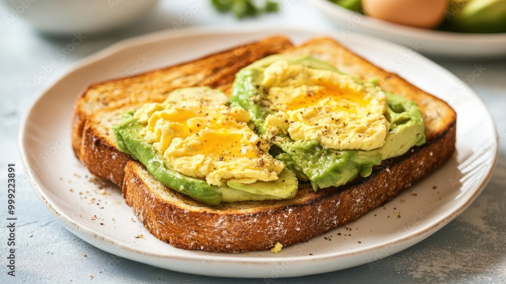 Balanced meal of avocado toast and eggs, ready to be eaten after the intermittent fasting window closes Balanced meal of avocado toast and eggs, ready to be eaten after the intermittent fasting window closes
