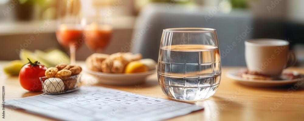 Naklejka premium Calendar marked with fasting hours, with a glass of water and light snacks ready for the eating window