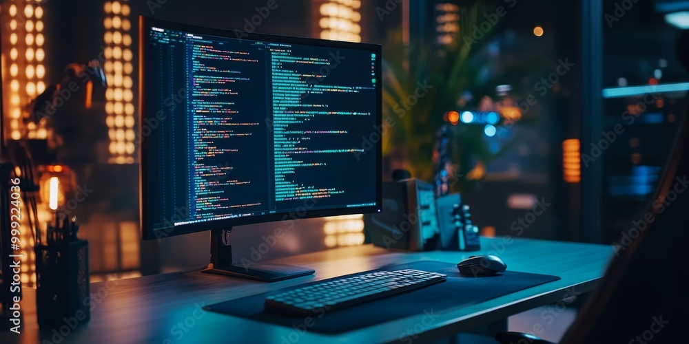 Detailed view of a data scientists workstation, showcasing live code on a monitor, with machine learning models being trained, reflecting cutting-edge AI development. Detailed view of a data scientists workstation, showcasing live code on a monitor, with machine learning models being trained, reflecting cutting-edge AI development.