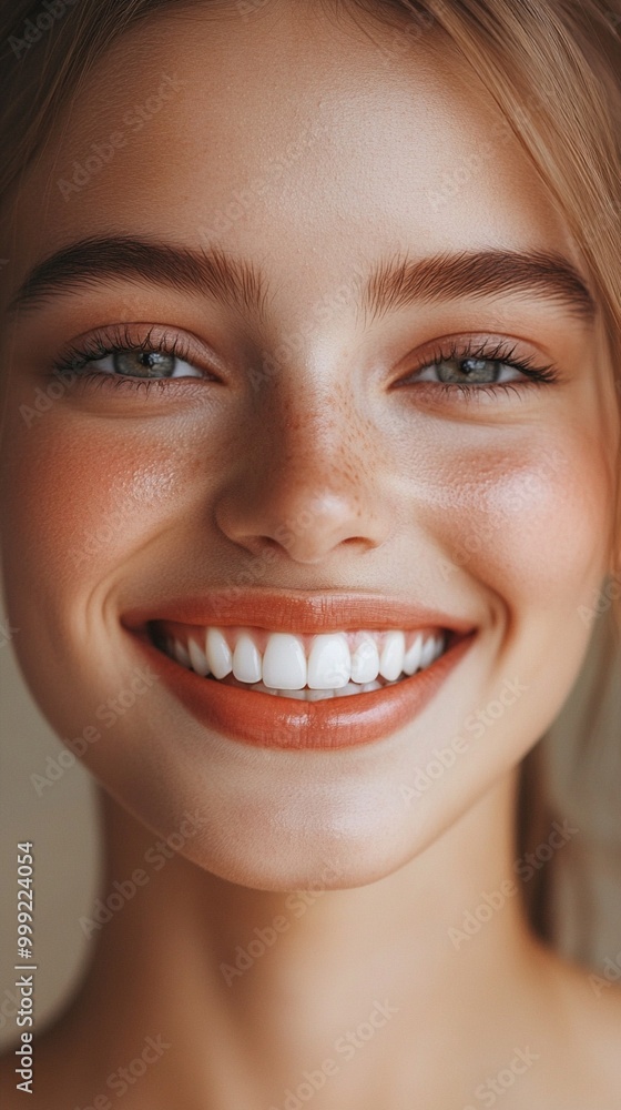 Radiant smile illuminates a close-up portrait, showcasing flawless skin, sparkling blue eyes, and perfectly aligned white teeth against a soft, neutral background. Radiant smile illuminates a close-up portrait, showcasing flawless skin, sparkling blue eyes, and perfectly aligned white teeth against a soft, neutral background.