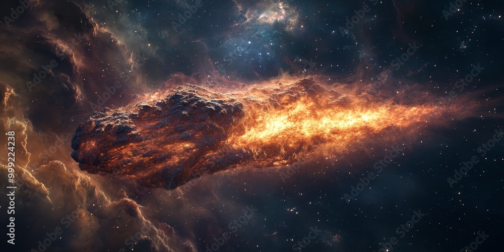 Fototapeta premium a comet's nucleus, highlighting its rugged surface and glowing coma against the void of space.