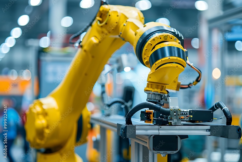 Robotic arm working on assembly line in factory, industry 4.0 concept Robotic arm working on assembly line in factory, industry 4.0 concept