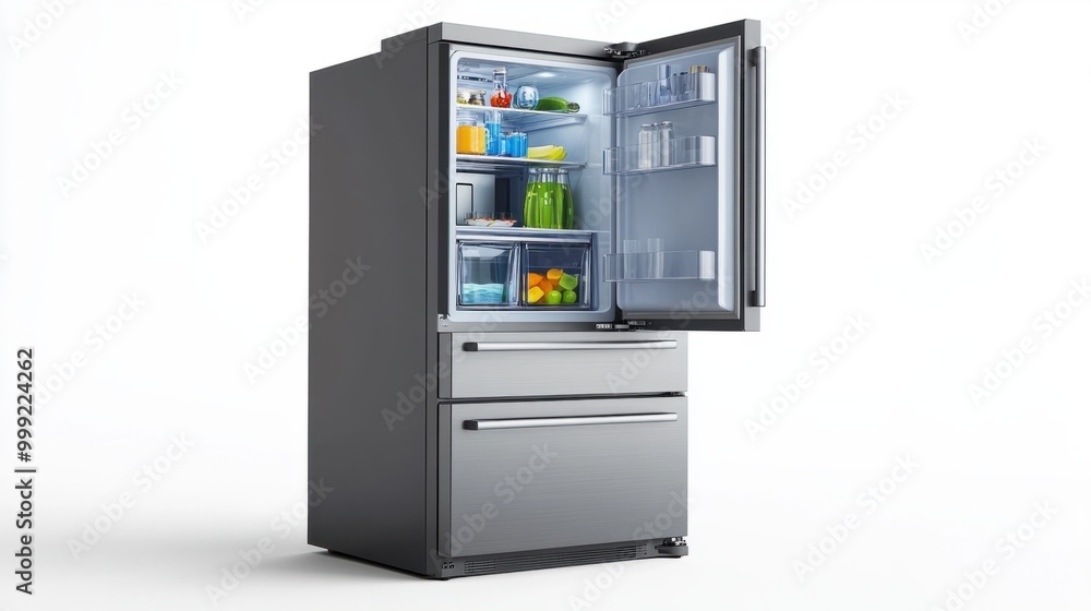 A modern refrigerator with a built-in ice cube maker in the freezer, isolated on a white background A modern refrigerator with a built-in ice cube maker in the freezer, isolated on a white background