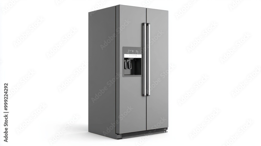 A modern refrigerator with a built-in ice cube maker in the freezer, isolated on a white background A modern refrigerator with a built-in ice cube maker in the freezer, isolated on a white background