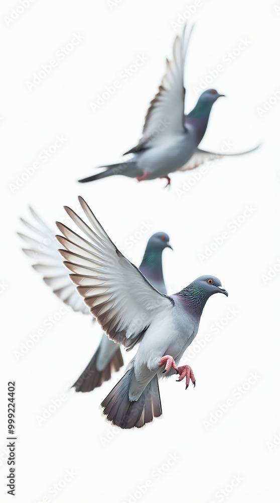 Obraz premium Macro view of three pigeons flying mid-air isolated on white