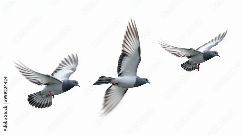 Obraz premium Close-up view of three pigeons gracefully flying in the sky