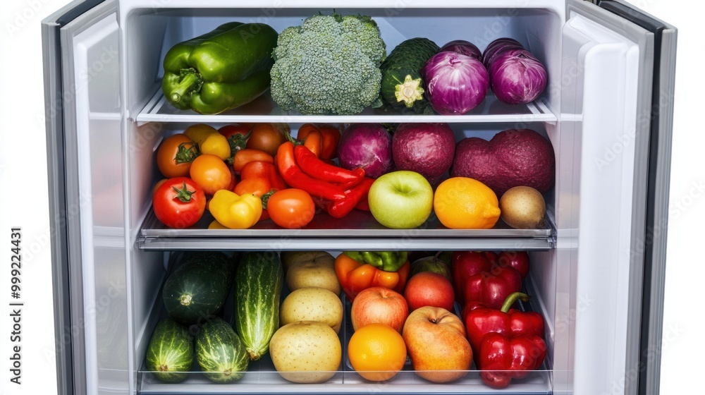 A side-by-side refrigerator filled with fresh produce, isolated on a white background A side-by-side refrigerator filled with fresh produce, isolated on a white background