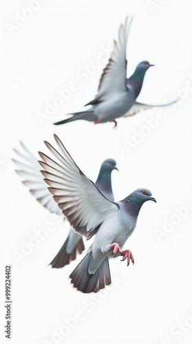 Macro view of three pigeons flying mid-air isolated on white