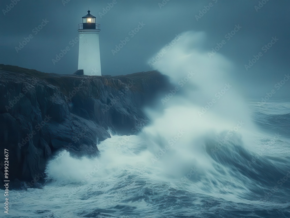 Lighthouse on a rocky coastline with waves crashing against the shore, dramatic atmosphere, wide shot, sharp focus Lighthouse on a rocky coastline with waves crashing against the shore, dramatic atmosphere, wide shot, sharp focus