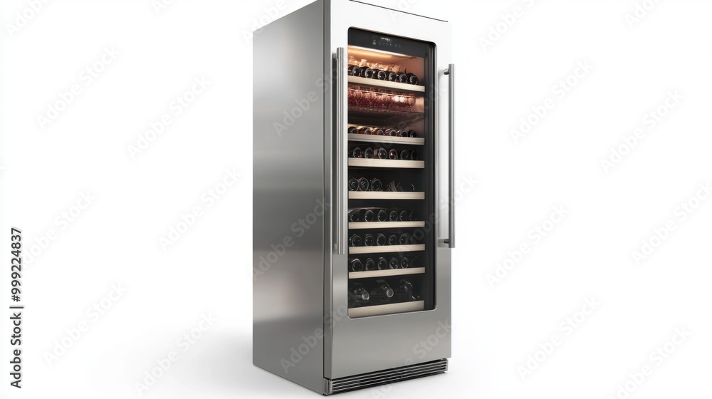 A stylish fridge with a built-in wine cooler, isolated on a white background A stylish fridge with a built-in wine cooler, isolated on a white background