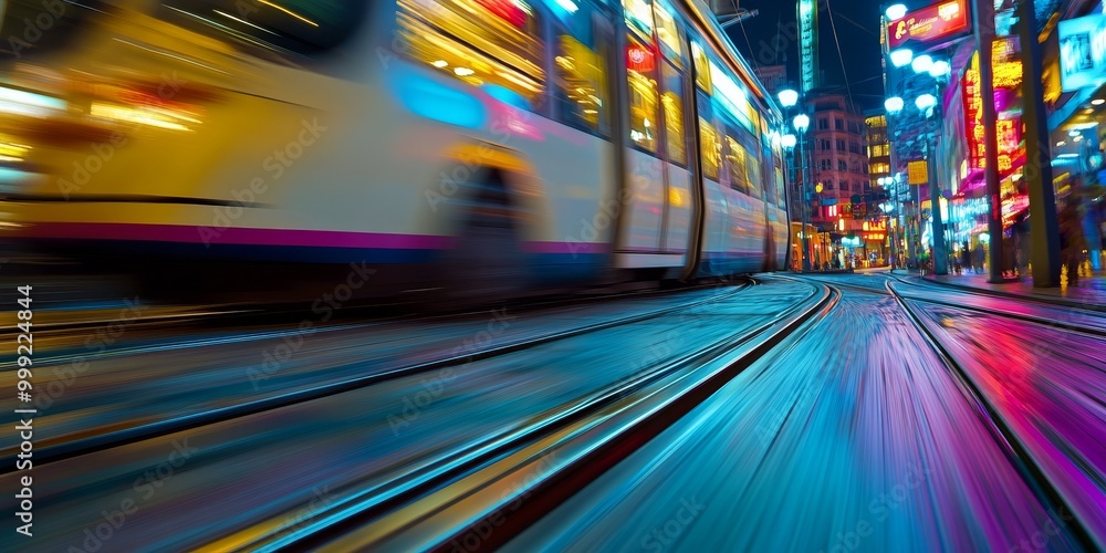 A close-up of a trams wheels on the tracks, with the urban environment passing by in a colorful blur A close-up of a trams wheels on the tracks, with the urban environment passing by in a colorful blur