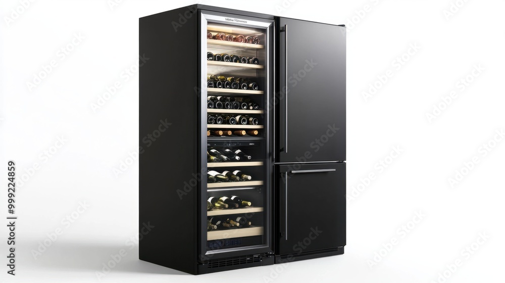 A stylish fridge with a built-in wine cooler, isolated on a white background A stylish fridge with a built-in wine cooler, isolated on a white background