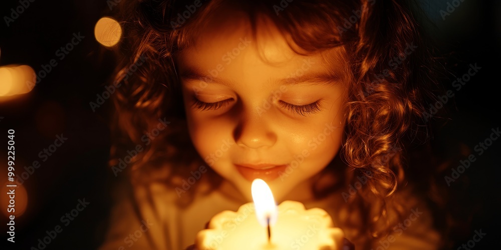 A detailed shot shows a child's face illuminated by candlelight as they make a birthday wish, eyes closed in hopeful anticipation A detailed shot shows a child's face illuminated by candlelight as they make a birthday wish, eyes closed in hopeful anticipation