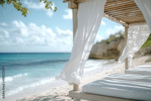 Private beach cabana with white curtains blowing in the wind, ocean retreat