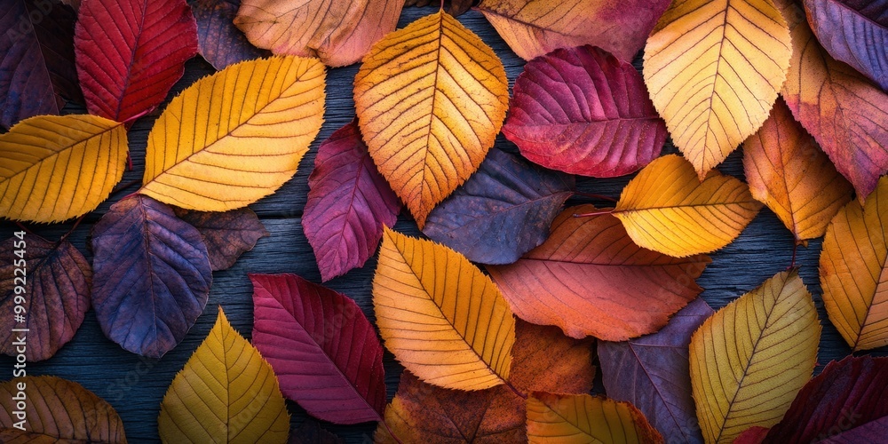 Vibrant autumn leaves on a wooden surface Vibrant autumn leaves on a wooden surface