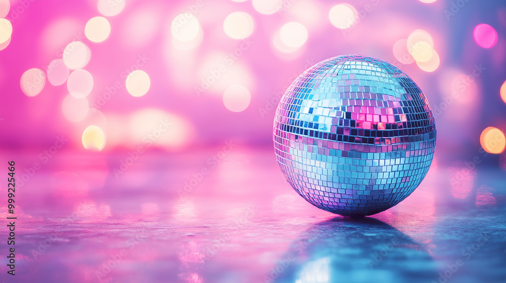 Shiny disco ball on table against blurred background, toned in pink. Space for text Shiny disco ball on table against blurred background, toned in pink. Space for text