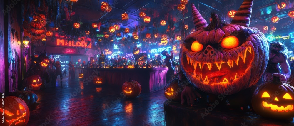 3D rendered Halloween party in a monster-themed nightclub with creature DJs 3D rendered Halloween party in a monster-themed nightclub with creature DJs