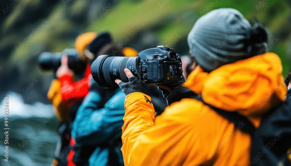 Fototapeta premium Travel photography tips being shared with a group of photographers, professional setting, sharp focus, vibrant colors