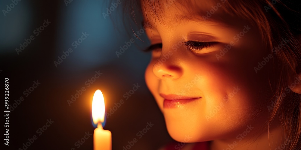 A detailed shot shows a child's face illuminated by candlelight as they make a birthday wish, eyes closed in hopeful anticipation A detailed shot shows a child's face illuminated by candlelight as they make a birthday wish, eyes closed in hopeful anticipation