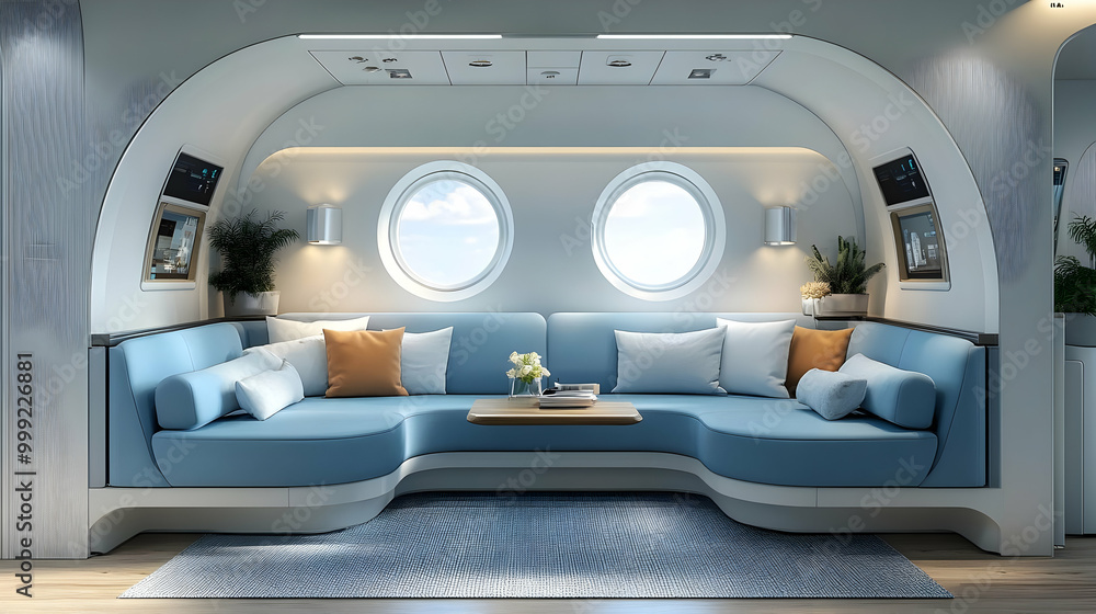 Modern Interior Design with Curved Sofa and Porthole Windows Modern Interior Design with Curved Sofa and Porthole Windows