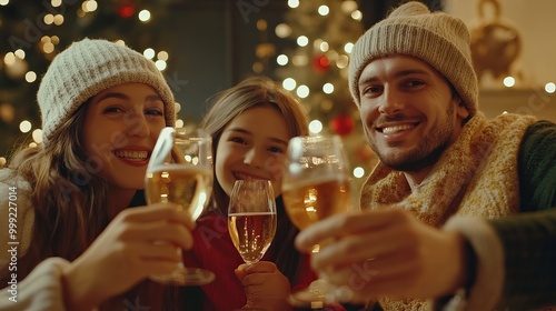 A happy family celebrating the new year at home while sipping drinks from glasses