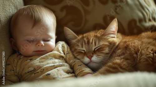 A giggly infant and their patient family cat snuggling on the couch, leaving fur all over the cushions - Studio light