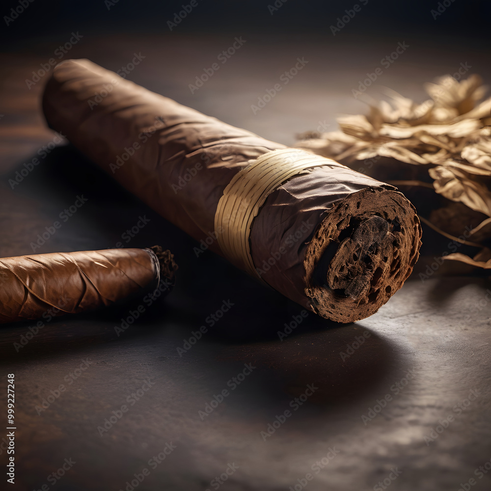 Close up view of Cuban cigar with tobacco on dark atmospheric background. Close up view of Cuban cigar with tobacco on dark atmospheric background.