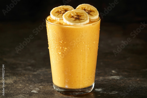 A refreshing smoothie topped with banana slices, showcasing a creamy texture and vibrant color, perfect for a healthy treat.