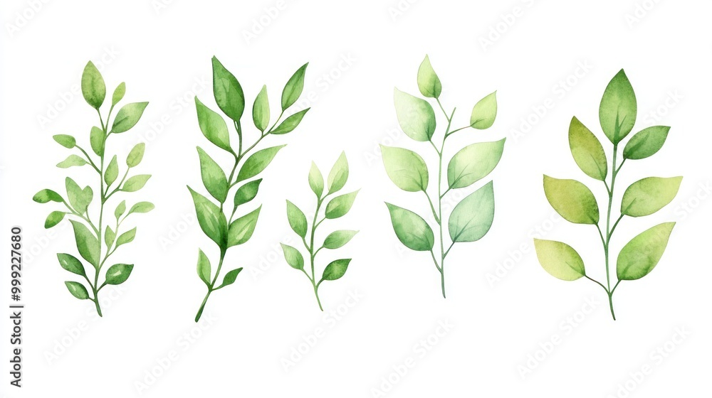 Fototapeta premium Watercolor Illustration of Five Green Twigs