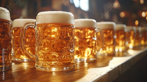 A line of big cups with Beer on a table at a bar, tavern, or on the festival grounds in October. idea of a German beer festival and drinking beer with friends. Shallow field of view.