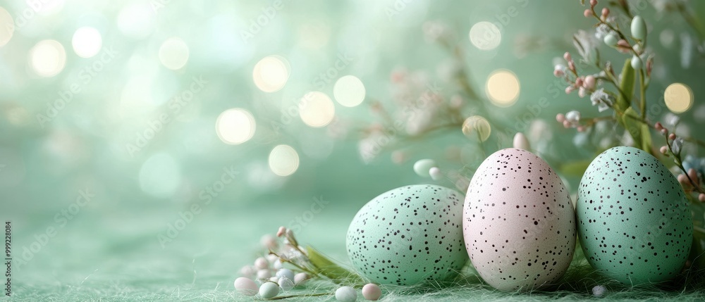 Whimsical Easter egg-shaped bokeh lights on pastel green background Whimsical Easter egg-shaped bokeh lights on pastel green background