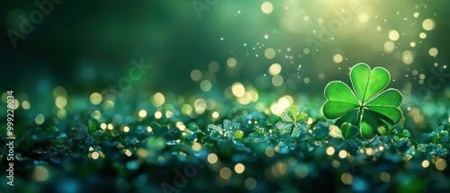 Playful St. Patrick's Day four-leaf clover bokeh lights on emerald green background