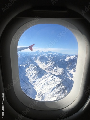 View of the Snow-Capped Andes Mountains from an Airplane Window - Flight to Chile photo