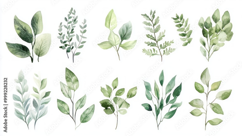 Watercolor Greenery Set: Ten Hand-Painted Leaves Watercolor Greenery Set: Ten Hand-Painted Leaves