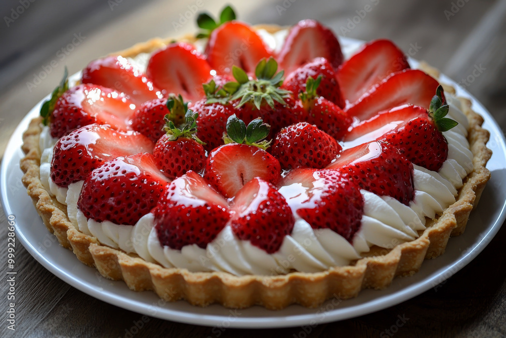 A delicious strawberry tart featuring a creamy filling, topped with fresh strawberries and a glossy glaze. A delicious strawberry tart featuring a creamy filling, topped with fresh strawberries and a glossy glaze.